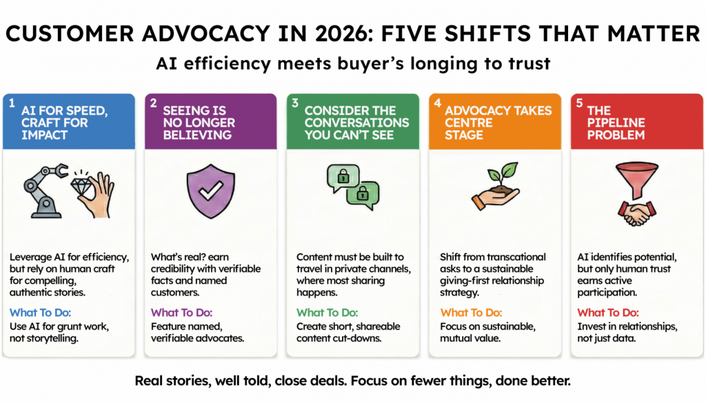 A colorful infographic titled “Customer Advocacy in 2026: Five Shifts That Matter” highlights how AI accelerates customer advocacy, trust becomes crucial in a visual world, and conversations drive change alongside shifting advocacy and pipeline trends.