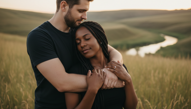 A couple embraces in a grassy field at sunset, trust evident as the woman with braided hair peacefully rests her head on the man's chest. Rolling hills and a river stretch into the distance, creating a serene 2026 landscape.