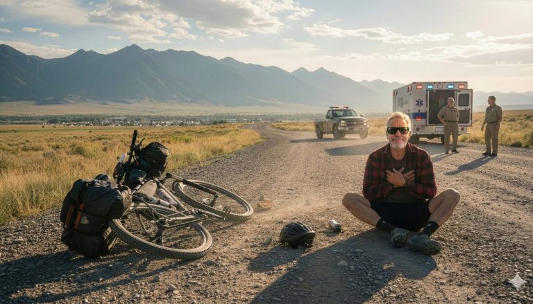 A man sits on a gravel road holding his chest near a fallen, loaded bicycle and helmet—an unexpected exit as an ambulance and police vehicle wait with two officers, mountains, and open fields in the background.